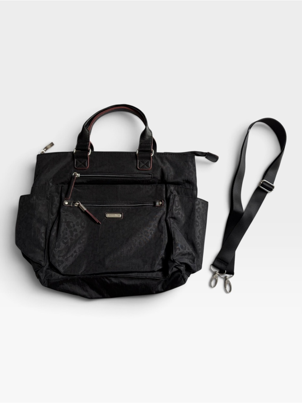 Baggallini 3-in-1 Convertible Backpack - Black Cheetah Emboss Fabric